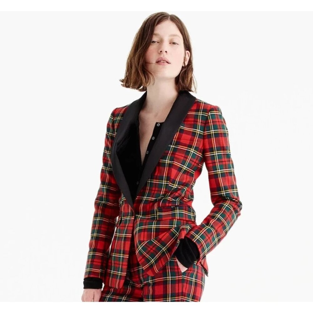 NWT J.Crew Parke Blazer in Red Green Tartan Shawl Satin Tax Lapel Jacket 16T